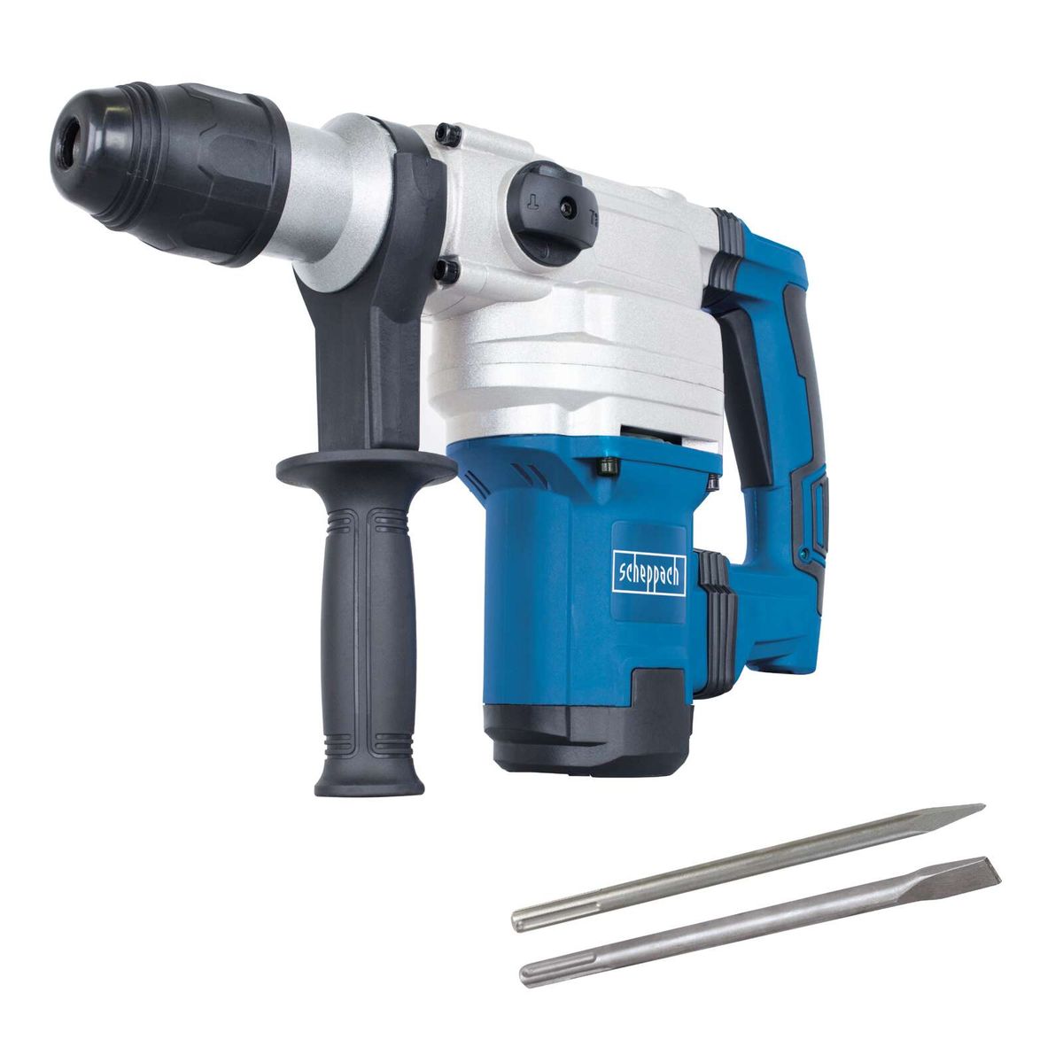 Der Scheppach Bohrhammer DH1200MAX mit zwei Einschlagbohrern. Der Bohrhammer hat einen zusätzlichen Handgriff und eine Drehrichtungsumschaltung.