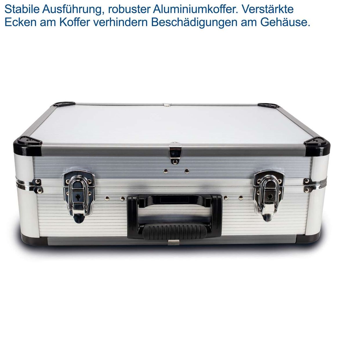 Robuster Aluminiumkoffer mit verstärkten Ecken für stabilen Transport und Schutz des Inhalts