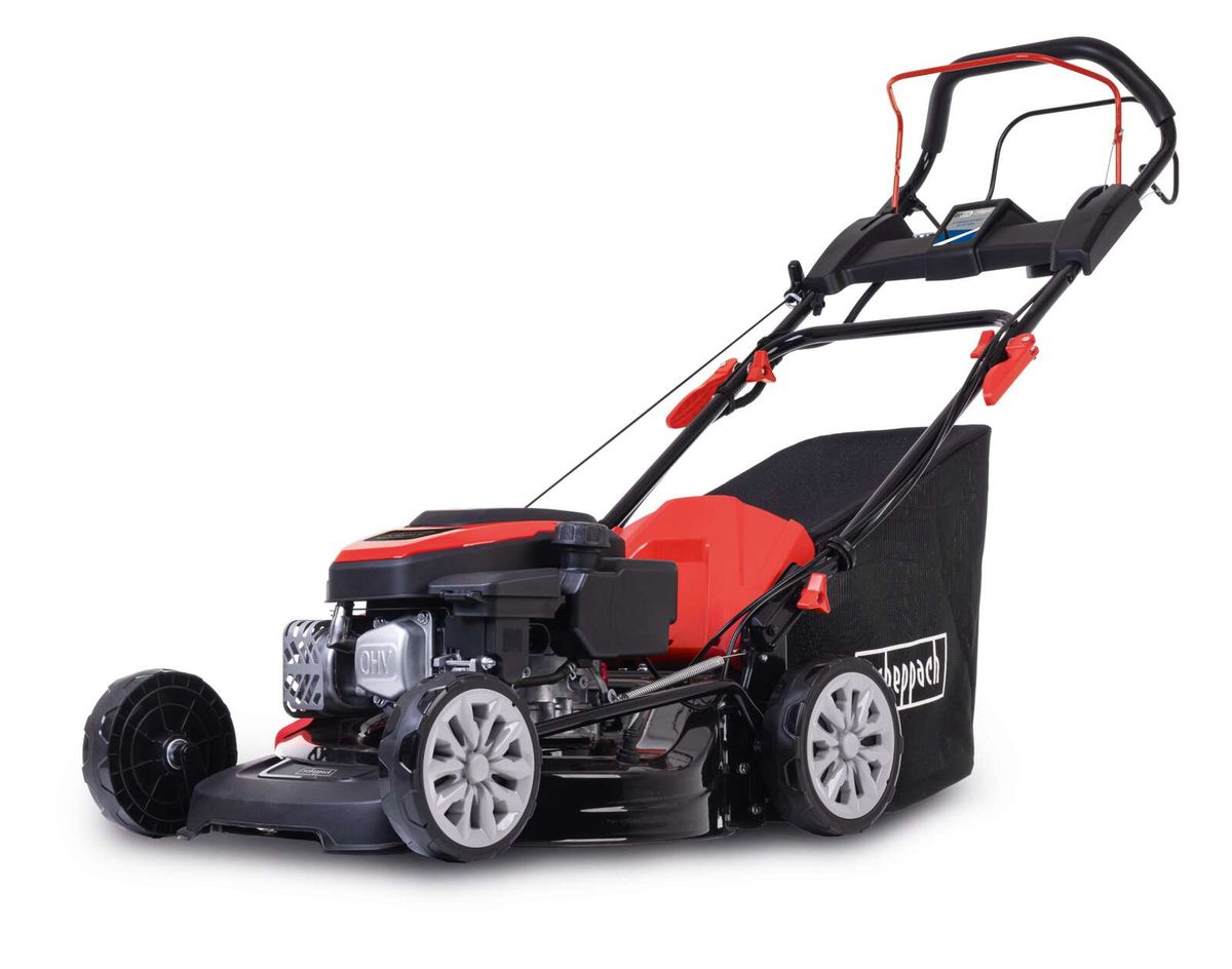 Scheppach Rasenmäher mit schwarzem Auffangbehälter und OHV-Motor.