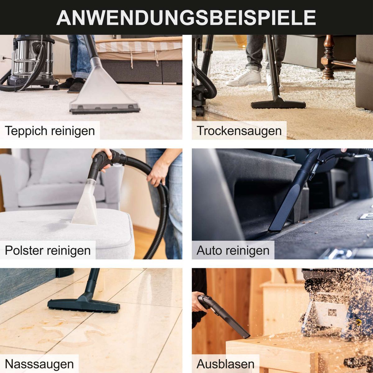 Der Scheppach Sprühsauger kann Teppiche reinigen, Trockensaugen, Polster reinigen, Auto reinigen, Nasssaugen und Ausblasen.