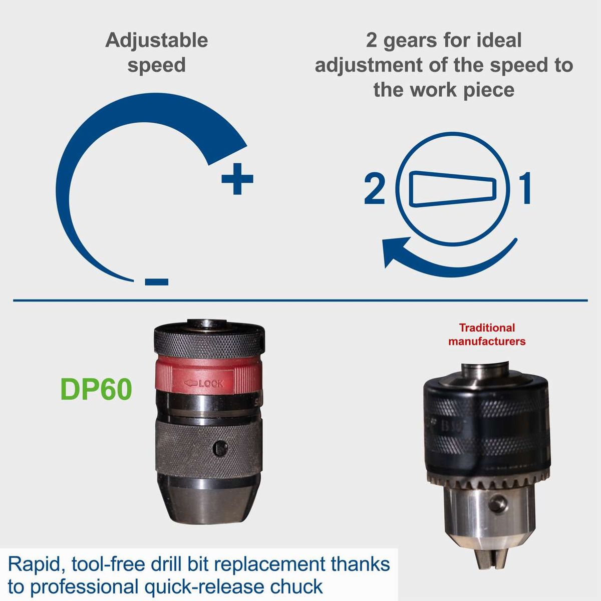 The Scheppach DP60 bench drill features adjustable speed with two gears for ideal adjustment to the workpiece. It includes a tool-free quick-release chuck for rapid, tool-free drill bit replacement.