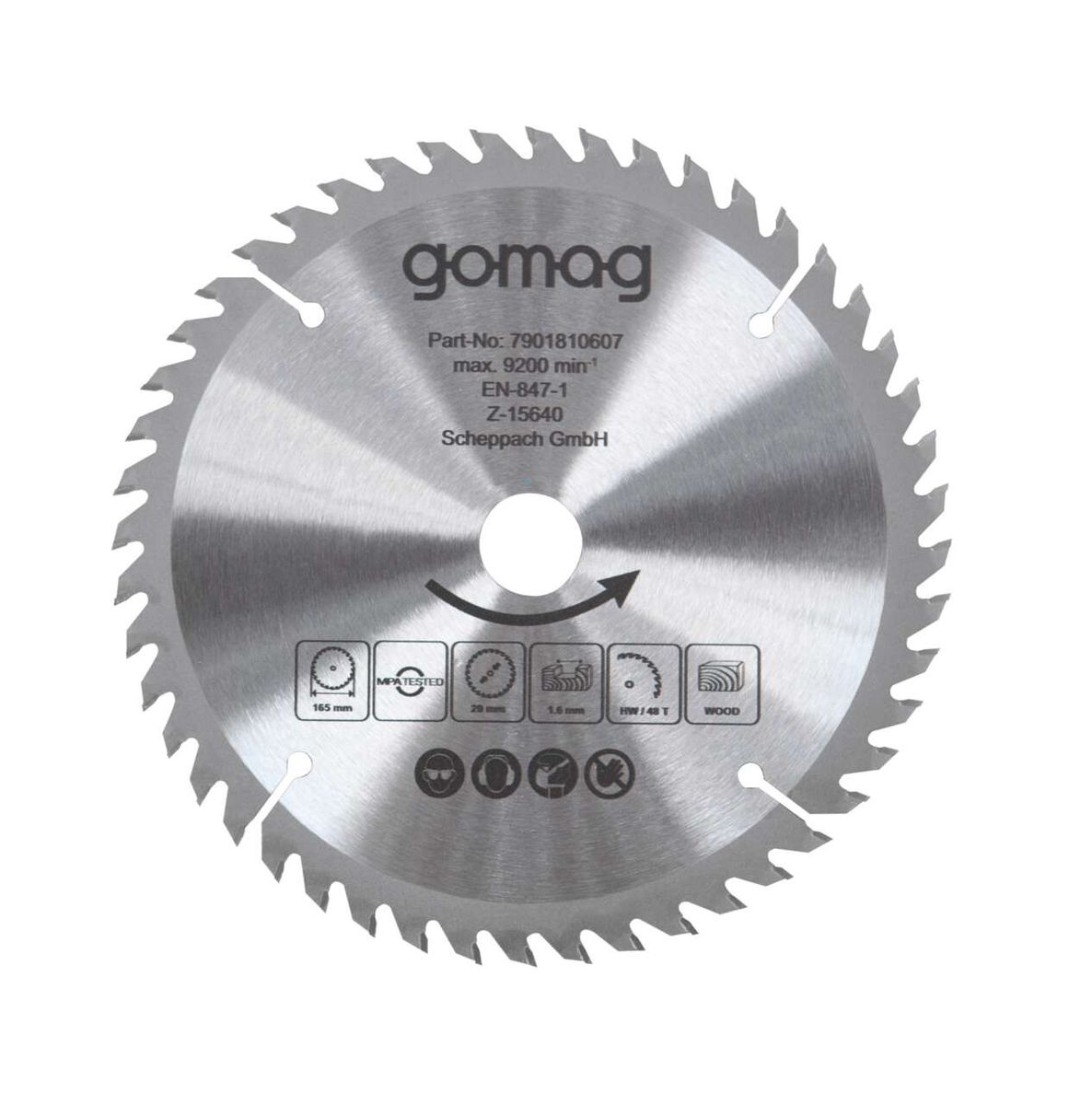 Kreissägeblatt von gomag, Part-Nummer 7901810607, max. 9200 U/min, EN-847-1, Z-15640, Scheppach GmbH. Gezeigt von vorne.