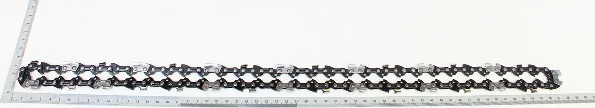 Sägekette Pro-cut 18" / CSE2600 / CSE2700 3/8.050X62DL / Teilung 3/8" / 62 Treibglieder / 1,3 Treibgliedstärke. Die Kette liegt auf einer Messskala und ist von links nach rechts ausgerichtet.