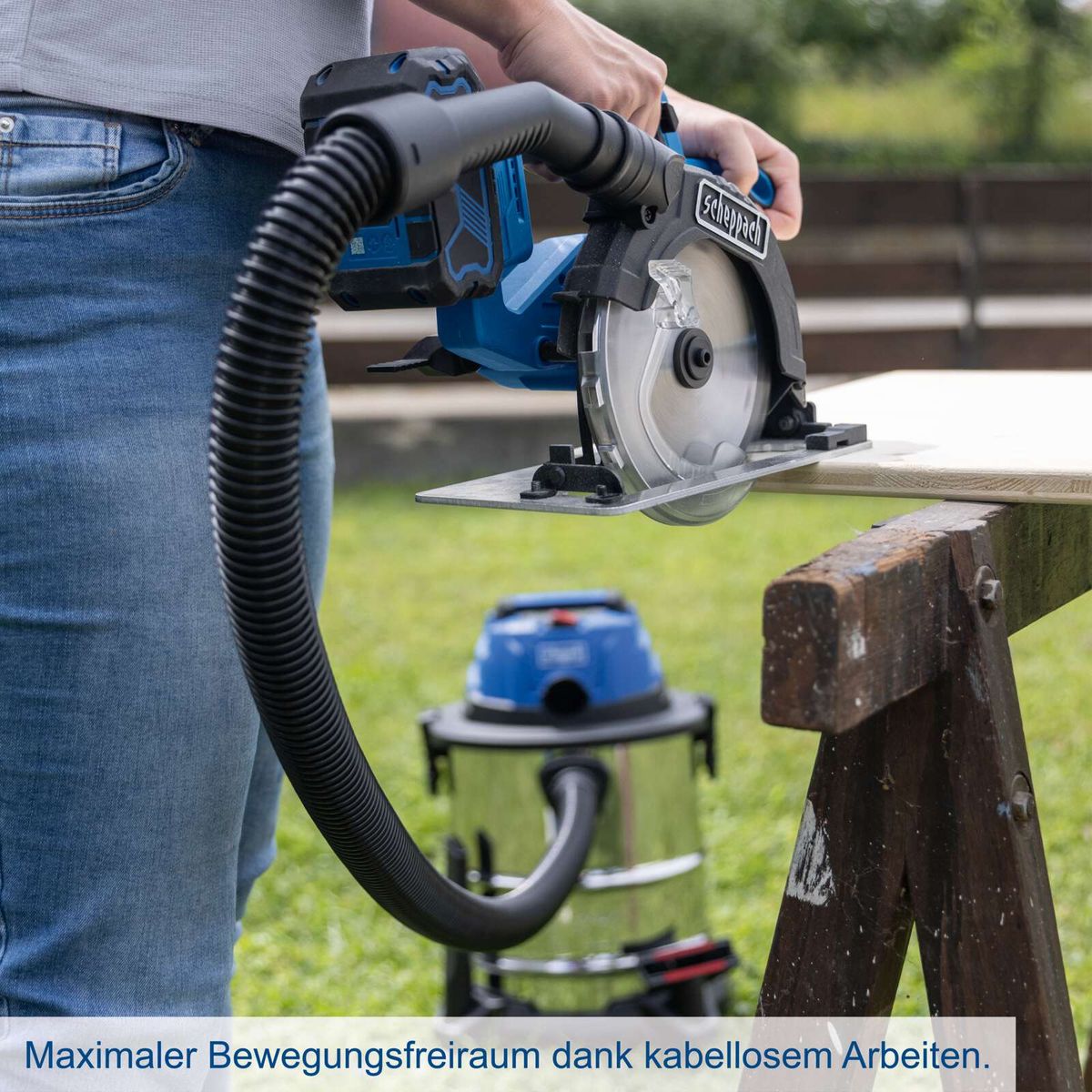 Kabelfreies Arbeiten mit Scheppach Akku-Nass-/Trockensauger durch maximalen Bewegungsfreiraum