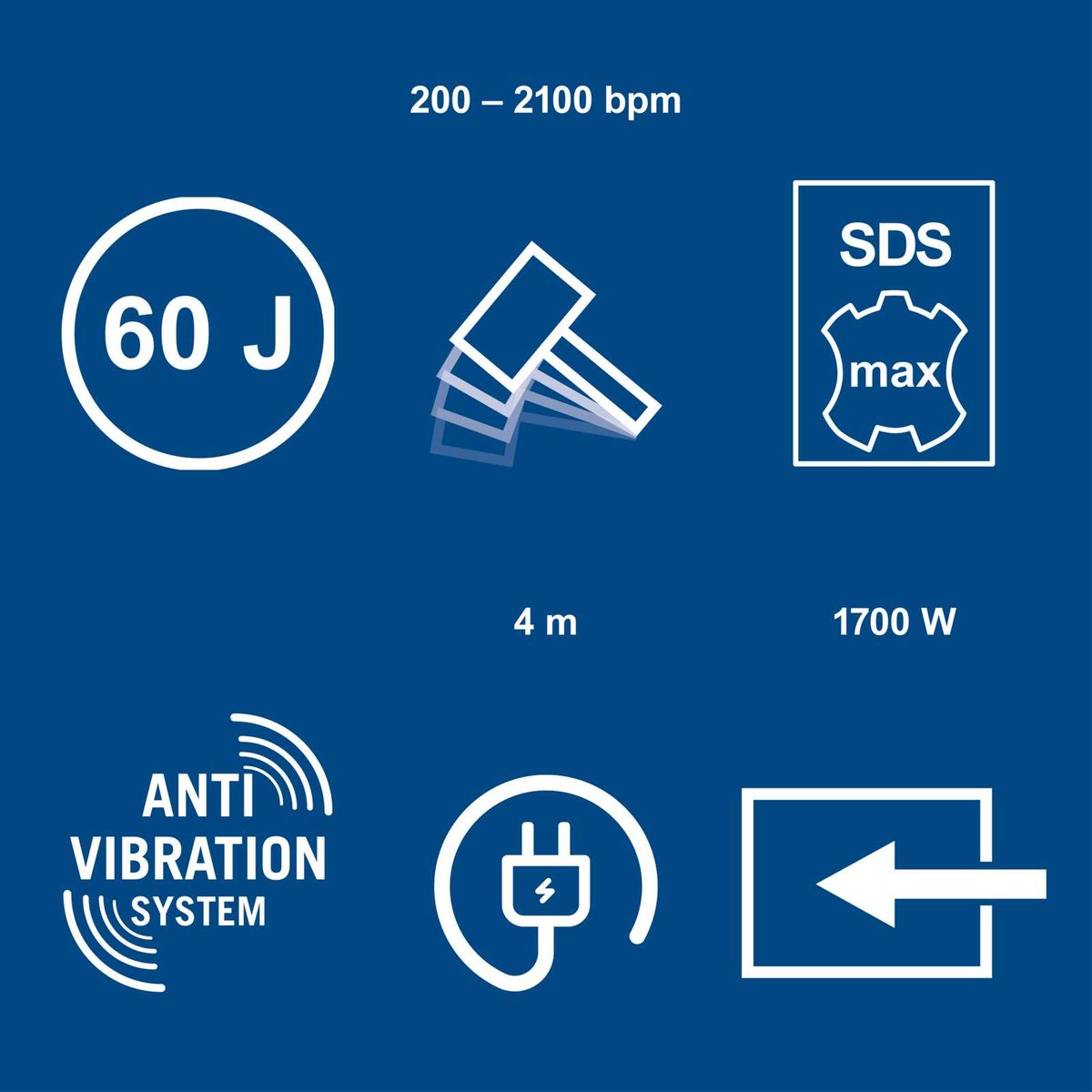 Wichtige Merkmale des Scheppach-Abruchhammers: Schlagenergie 60 Joule, Schlagfrequenz 200–2100/min, SDS-Max-Bit, 1700-Watt-Leistung, Reichweite 4 Meter, Anti-Vibration-System, Elektrobetrieb