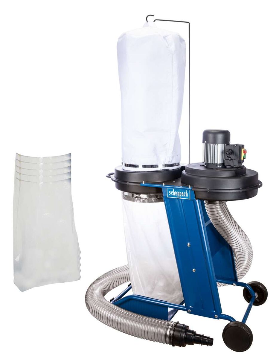 Absauganlage HD12 SE von Scheppach, inklusive fünf Spänesäcke. Gezeigt von der Seite.