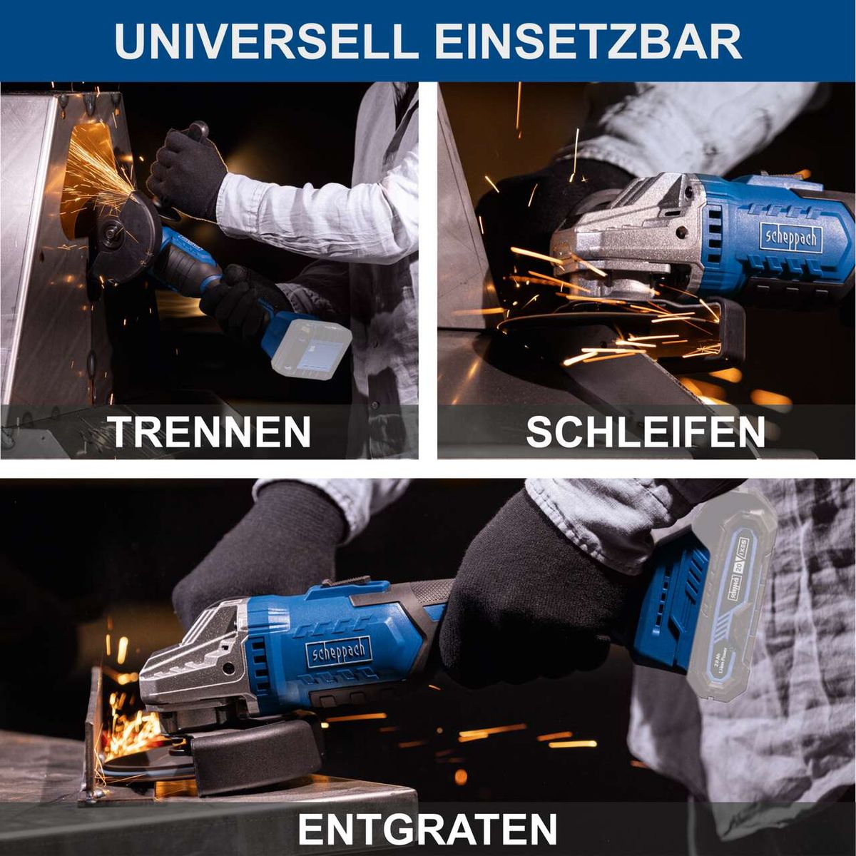 Der Akku-Winkelschleifer C-AG125-X von Scheppach ist universell einsetzbar. Er kann zum Trennen, Schleifen und Entgraten verwendet werden. Die Drehzahl ist regelbar von 2500 bis 10000 min.