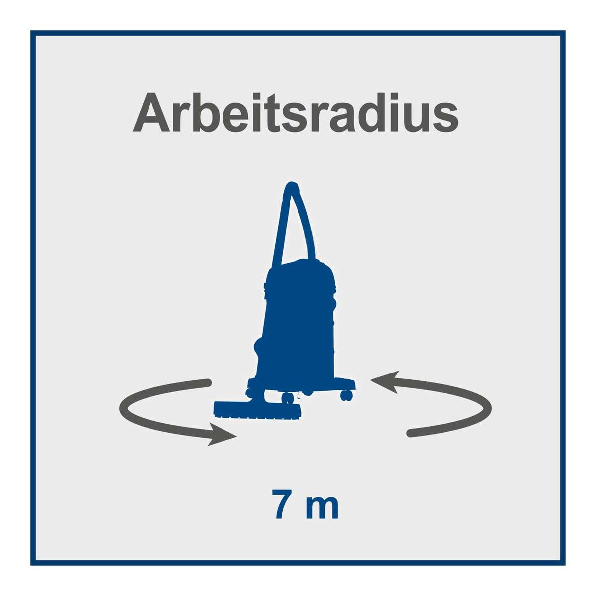 Der Arbeitsradius des Nass-Trockensaugers NTS30 Premium beträgt 7 Meter. Der Sauger kann in beide Richtungen bewegt werden.