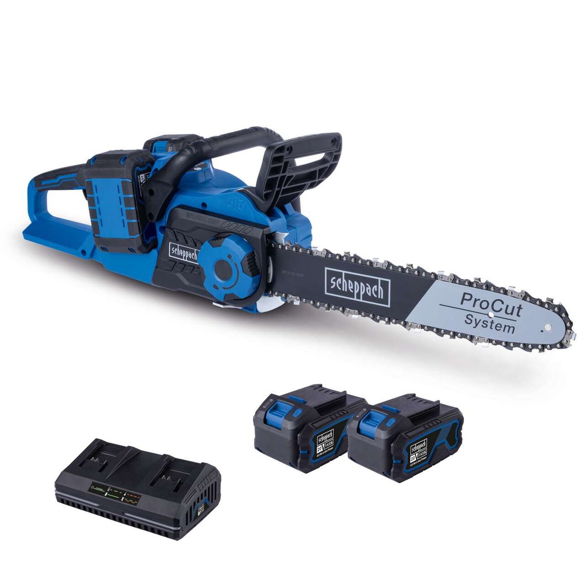 Akku-Kettensäge BC-CS355Duo-X mit ProCut-System, inklusive zwei Akkus und Ladegerät. Die Säge ist von der Seite zu sehen.