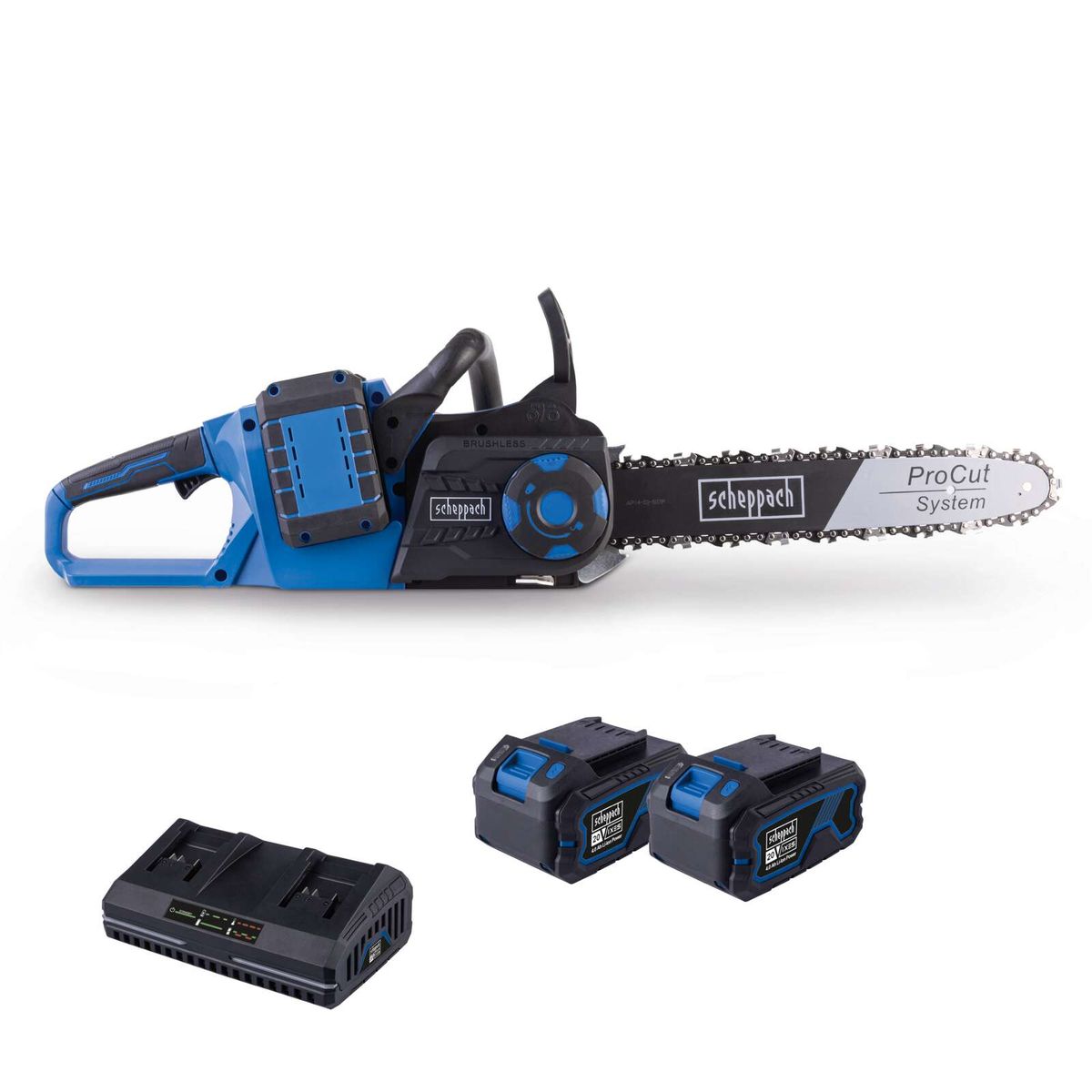 Scheppach Akku-Kettensäge mit Brushless-Motor und ProCut-System, inkl. zwei Akkus und Ladegerät für XL2-Batterien