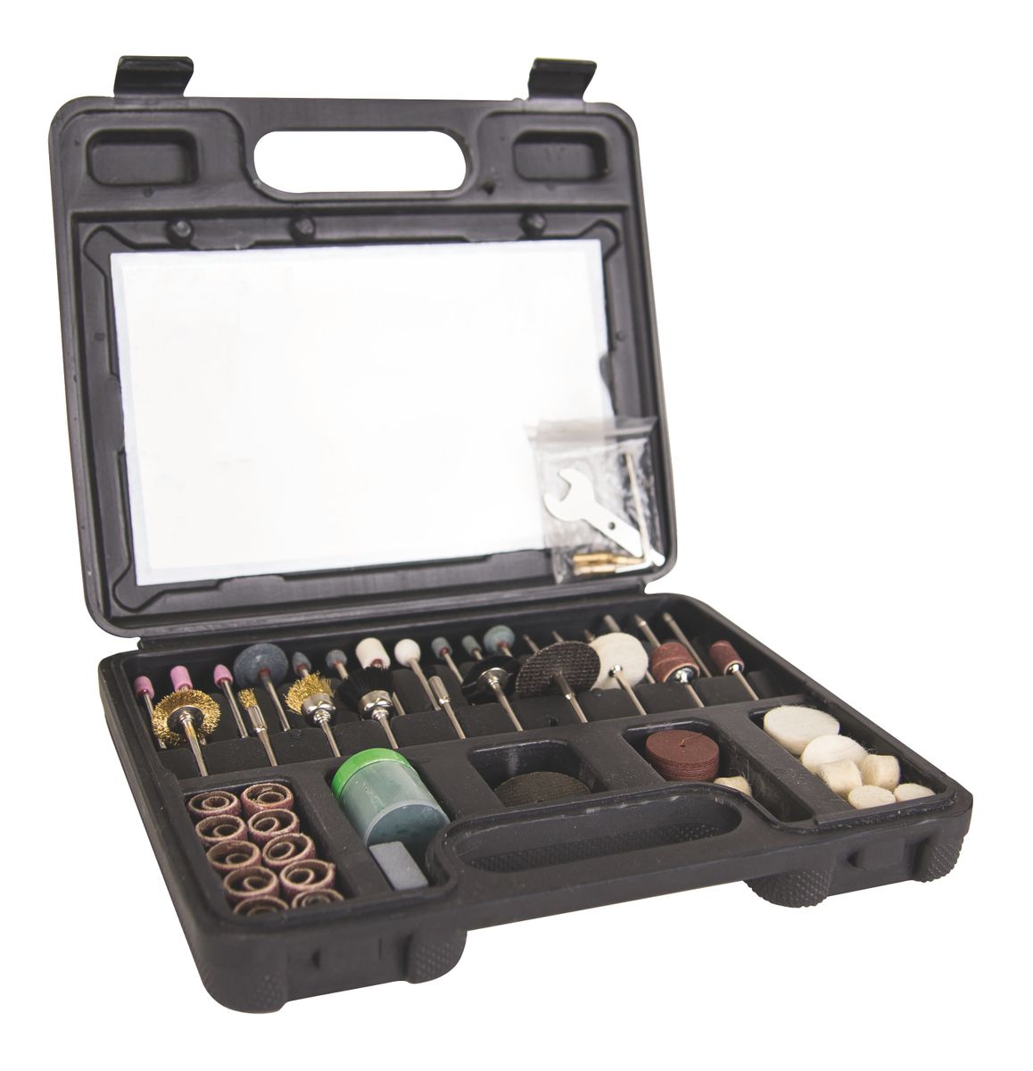 Der Zubehörkoffer 100tlg. HG34 von Scheppach mit verschiedenen Schleif- und Polierwerkzeugen. Der Koffer ist offen und zeigt die Werkzeuge in ihren Fächern.