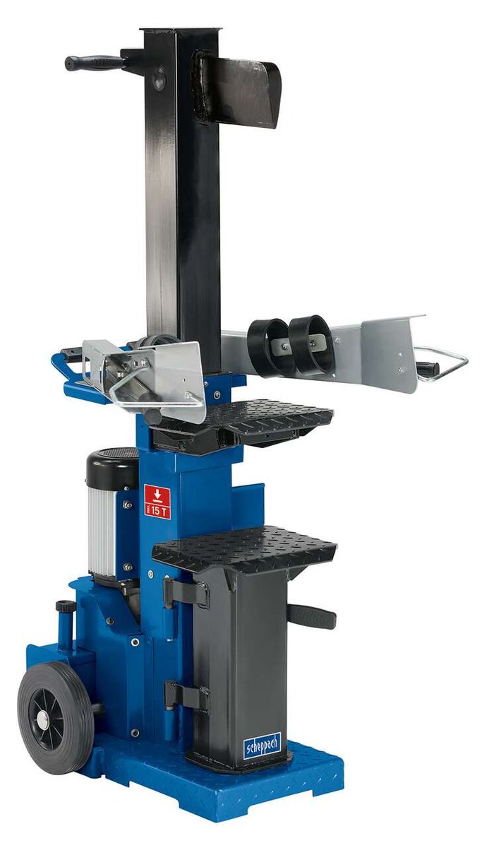 Holzspalter HL1200 von Scheppach, stehend mit Verlängerungskeil, 400V 50Hz 4100W, 12 Tonnen Druckkraft. Gezeigt von der Seite.