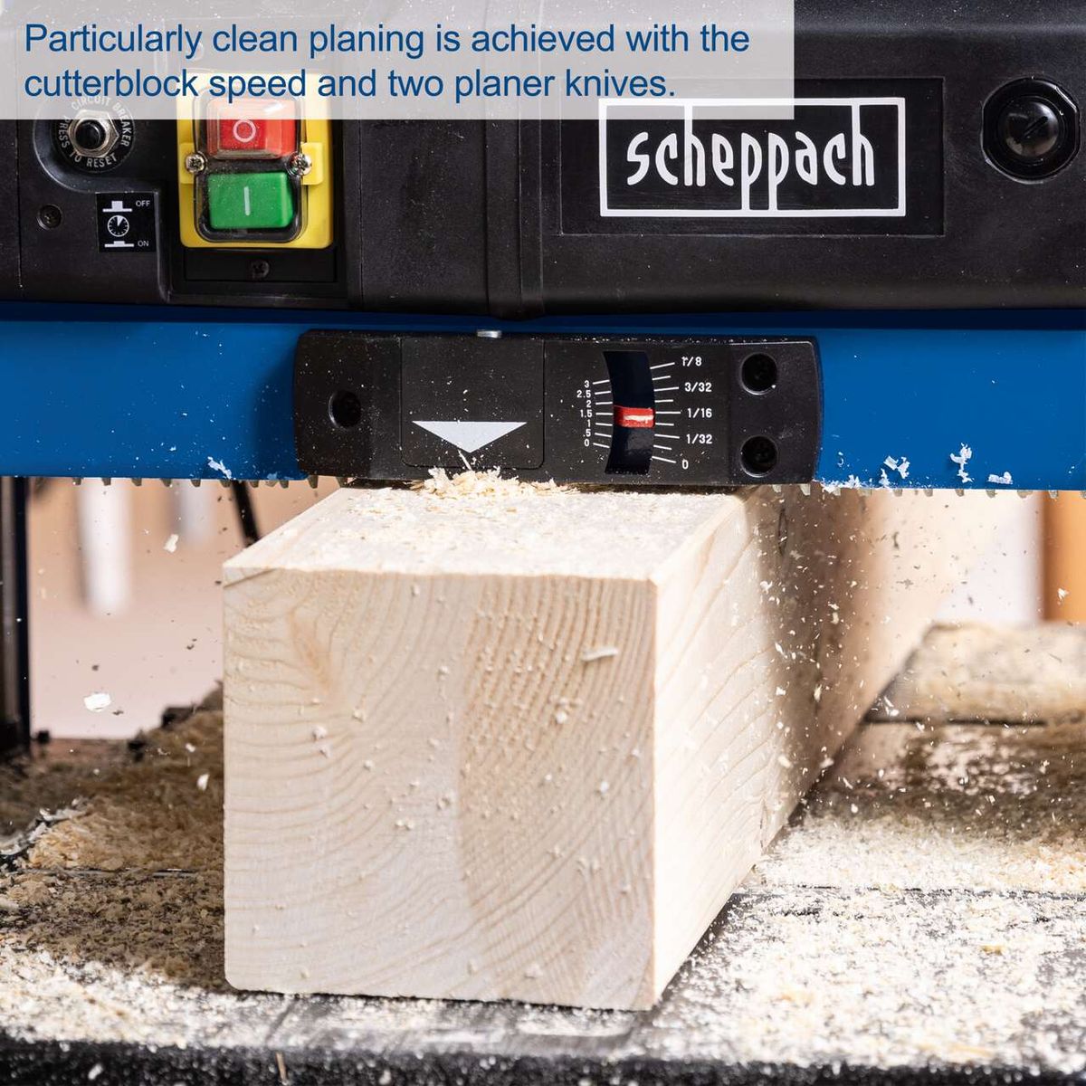 The Scheppach PLM1800 thickness planer achieves particularly clean planing with the cutterblock speed and two planer knives.