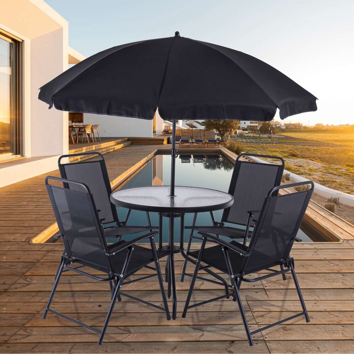 Balkonset 6-tlg. PX-BS-1 Practixx mit 4 Klappstühlen, Sonnenschirm und Glastisch. Ideal für Garten und Balkon. Kompakt und einfach zu verstauen.