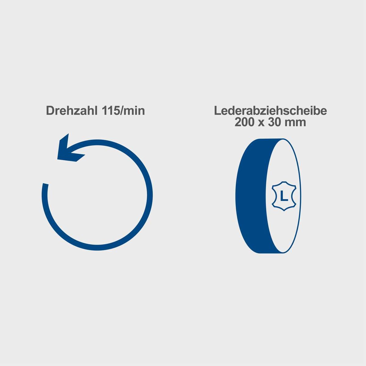 Das Nass-Schleifsystem TIGER 7000S hat eine Drehzahl von 115/min und eine Lederabziehscheibe mit den Maßen 200 x 30 mm.