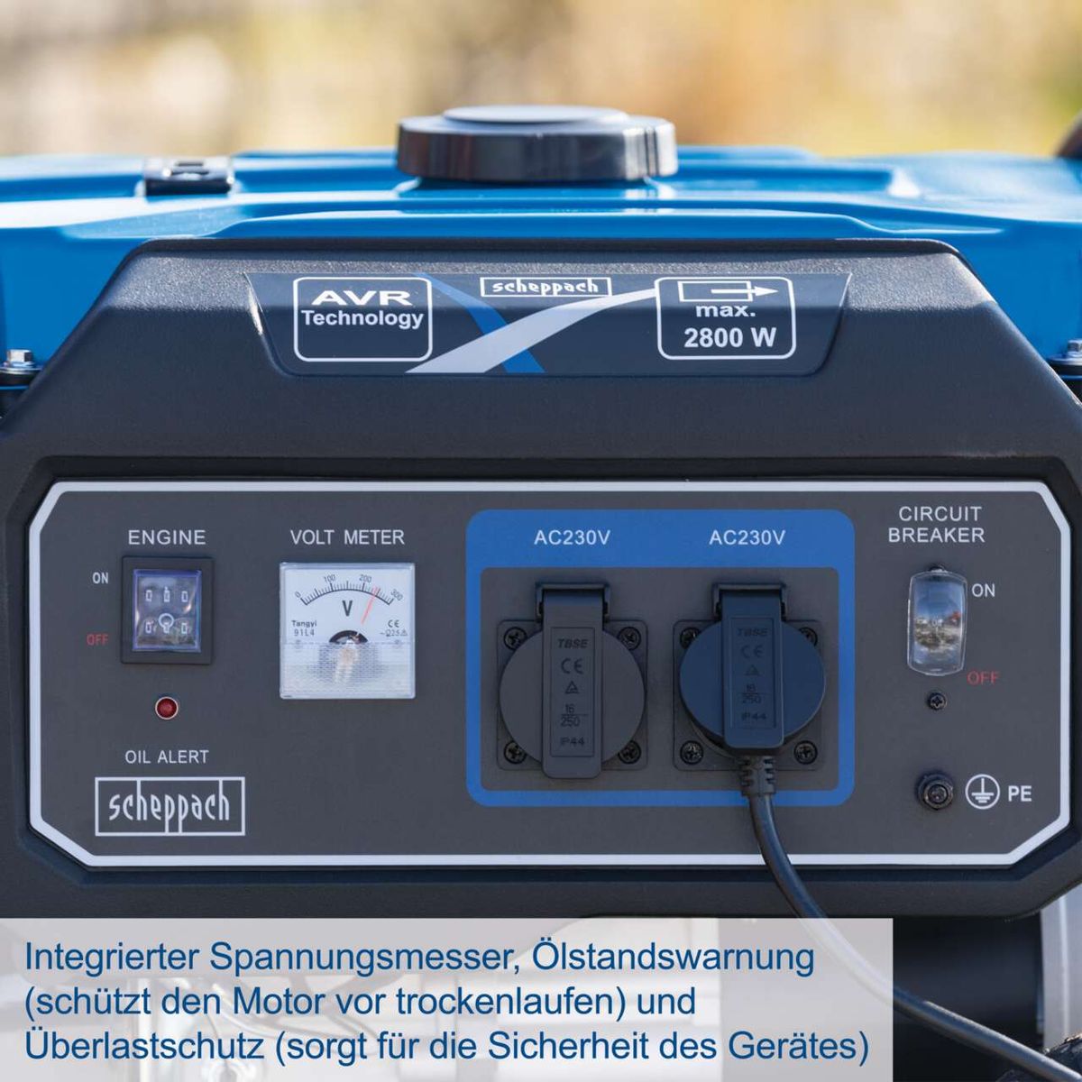 Der Stromerzeuger Benzin SG3200x Scheppach bietet integrierten Spannungsmesser, Ölstandswarnung zum Schutz des Motors vor Trockenlaufen und Überlastschutz für die Sicherheit des Geräts.