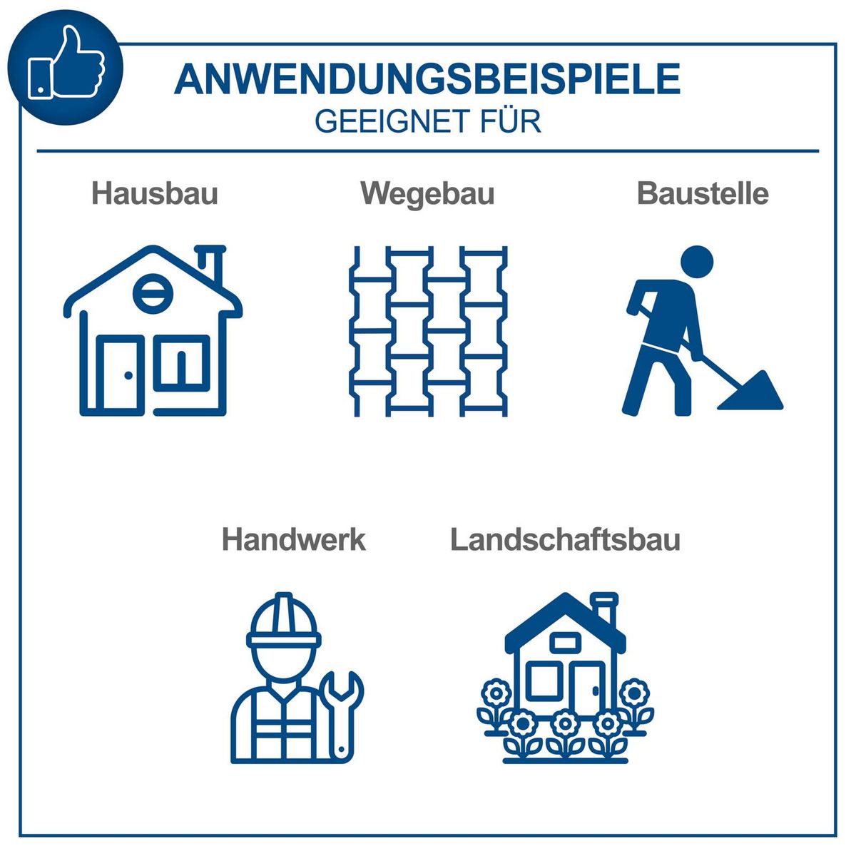 Das Produkt eignet sich für Hausbau, Wegebau, Baustelle, Handwerk und Landschaftsbau. Es ist robust und vielseitig einsetzbar.