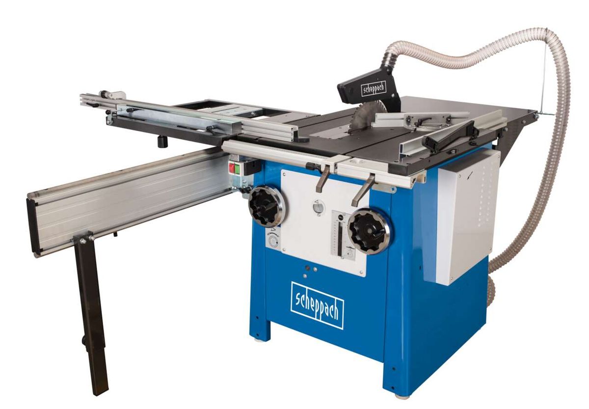 Scheppach Precisa 6.0 table saw, side view with extendable worktop and dust extraction.