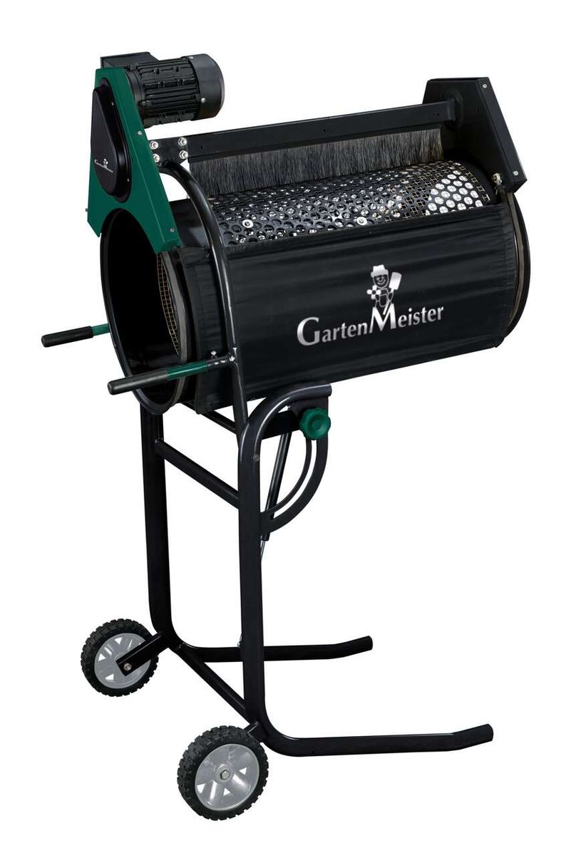 Rollsieb GM-RS 350 Gartenmeister von Scheppach, seitliche Ansicht mit Motor und Sieb.