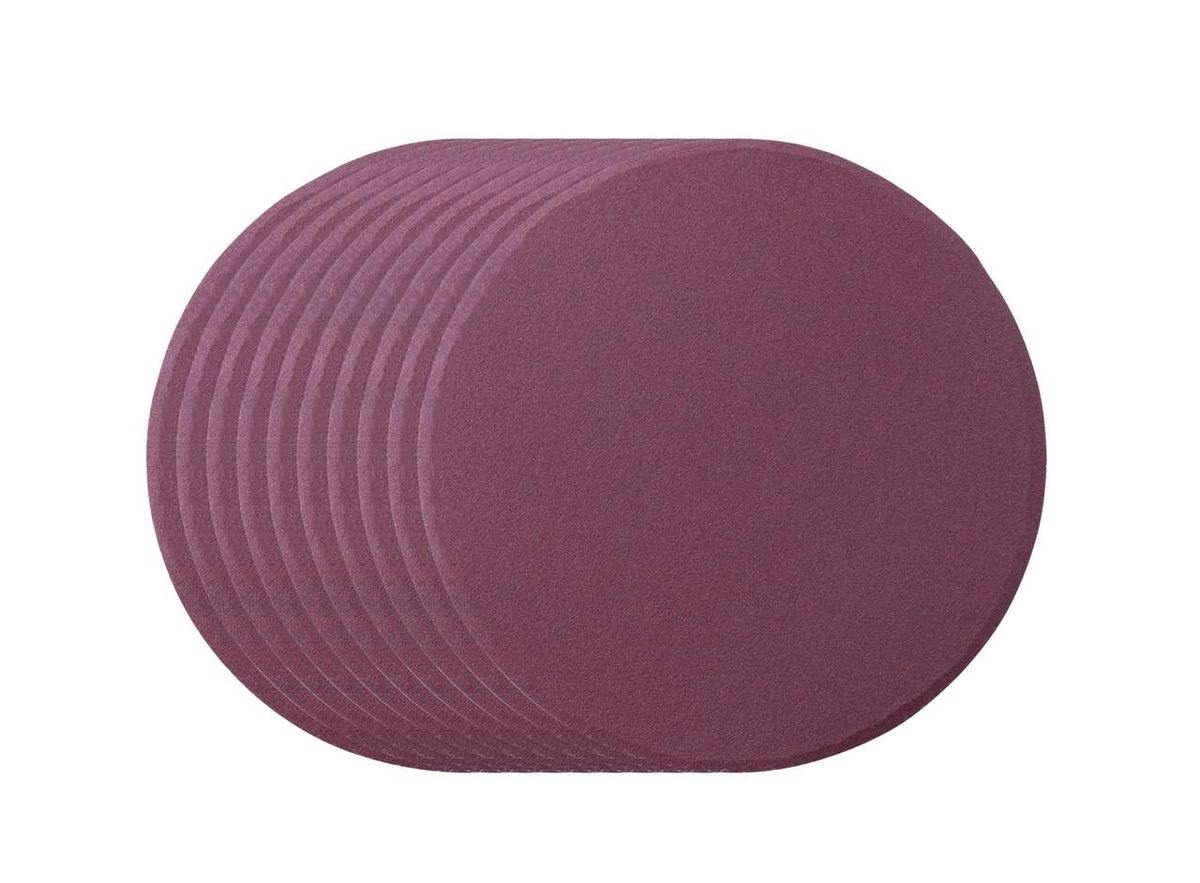 Ein Stapel Schleifpapier mit 150 mm Durchmesser, Körnung K 180 von Scheppach. Das Schleifpapier ist von oben fotografiert worden.