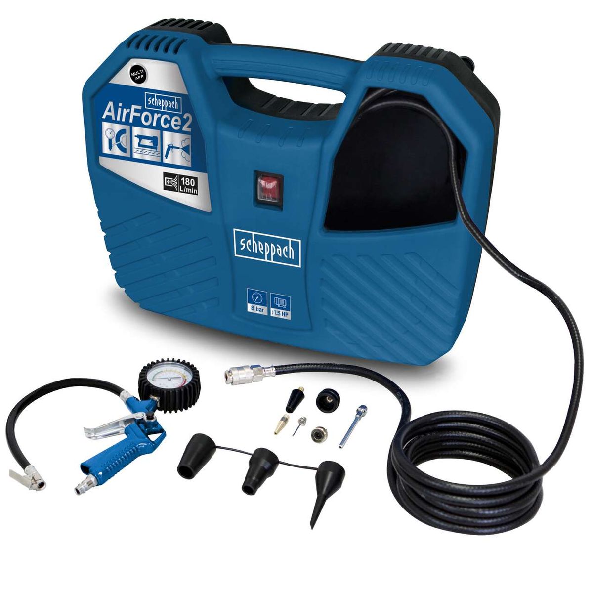 Mobiler Kompressor Air Force2 von Scheppach mit Zubehör wie Schlauch, Aufsatz und Druckmesser. Der Kompressor ist von vorne zu sehen.