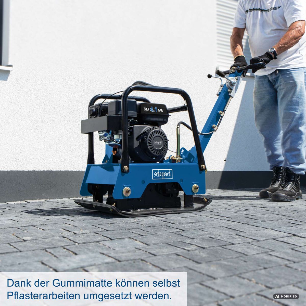 Scheppach-Gummimatte ermöglicht selbstständige Pflasterarbeiten mit der Rüttelplatte