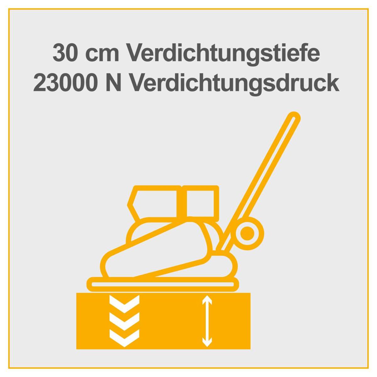 Die Scheppach Rüttelplatte HP1800S erreicht eine Verdichtungstiefe von 30 cm und einen Verdichtungsdruck von 23000 N.