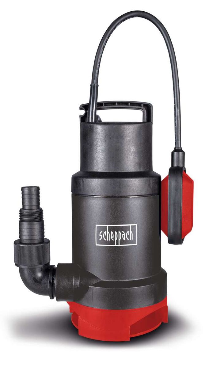 Scheppach Schmutzwassertauchpumpe SWP800-2, Frontansicht, mit schwarzem Griff und rotem Gehäuseboden.