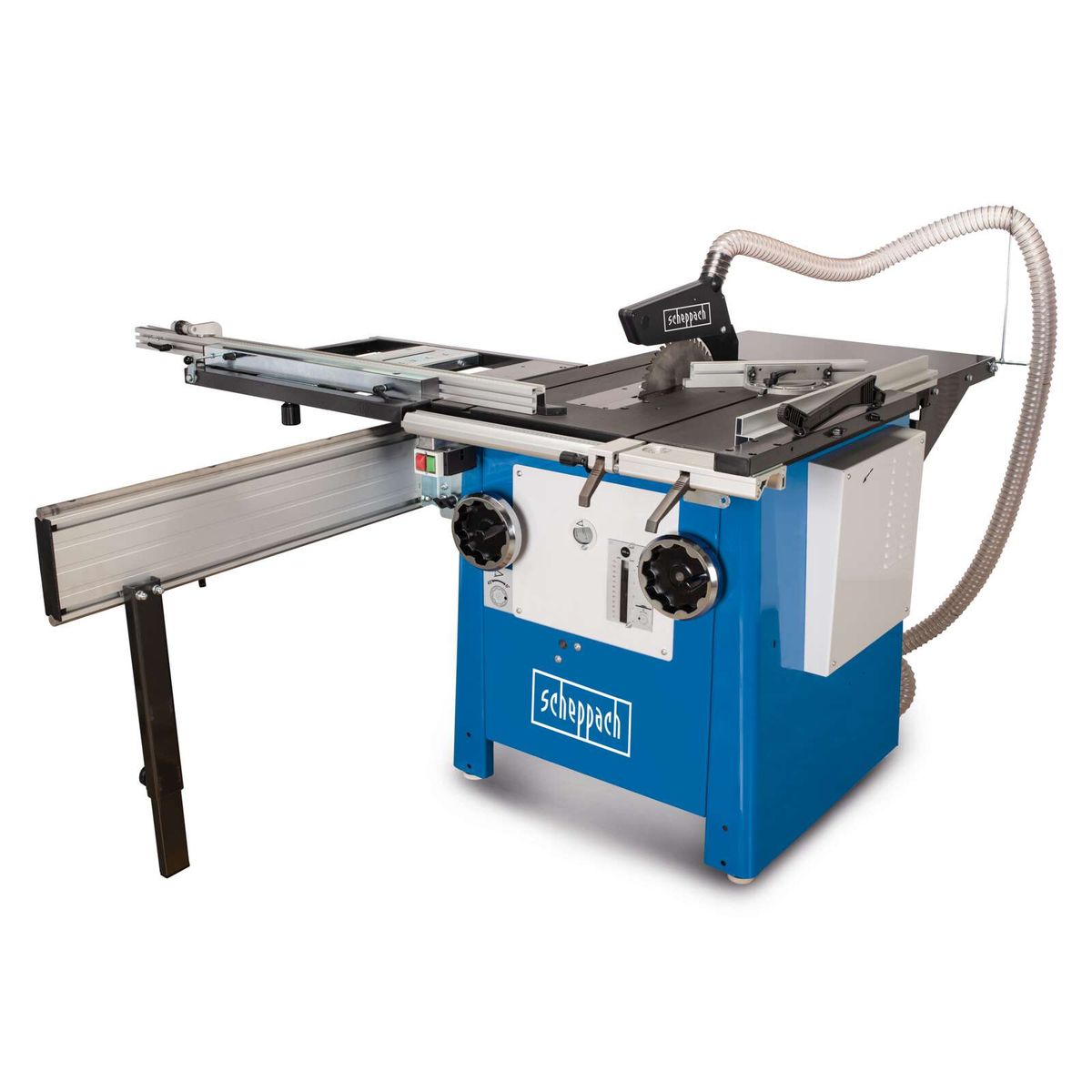 Professional Table Saw Precisa 6.0 with XL expandable worktop, 45° tilt function, and 315mm circular saw blade. 4800W power, 400V, 50Hz. Scheppach logo on the machine.