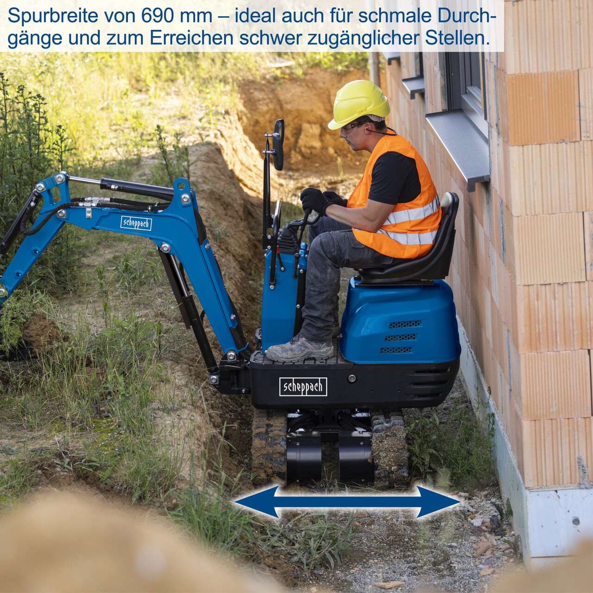 Benzin Mini Bagger EXC815 mit 690 mm Spurbreite, ideal für schmale Durchgänge und schwer zugängliche Stellen. Kettenantrieb für einfache Manövrierfähigkeit.