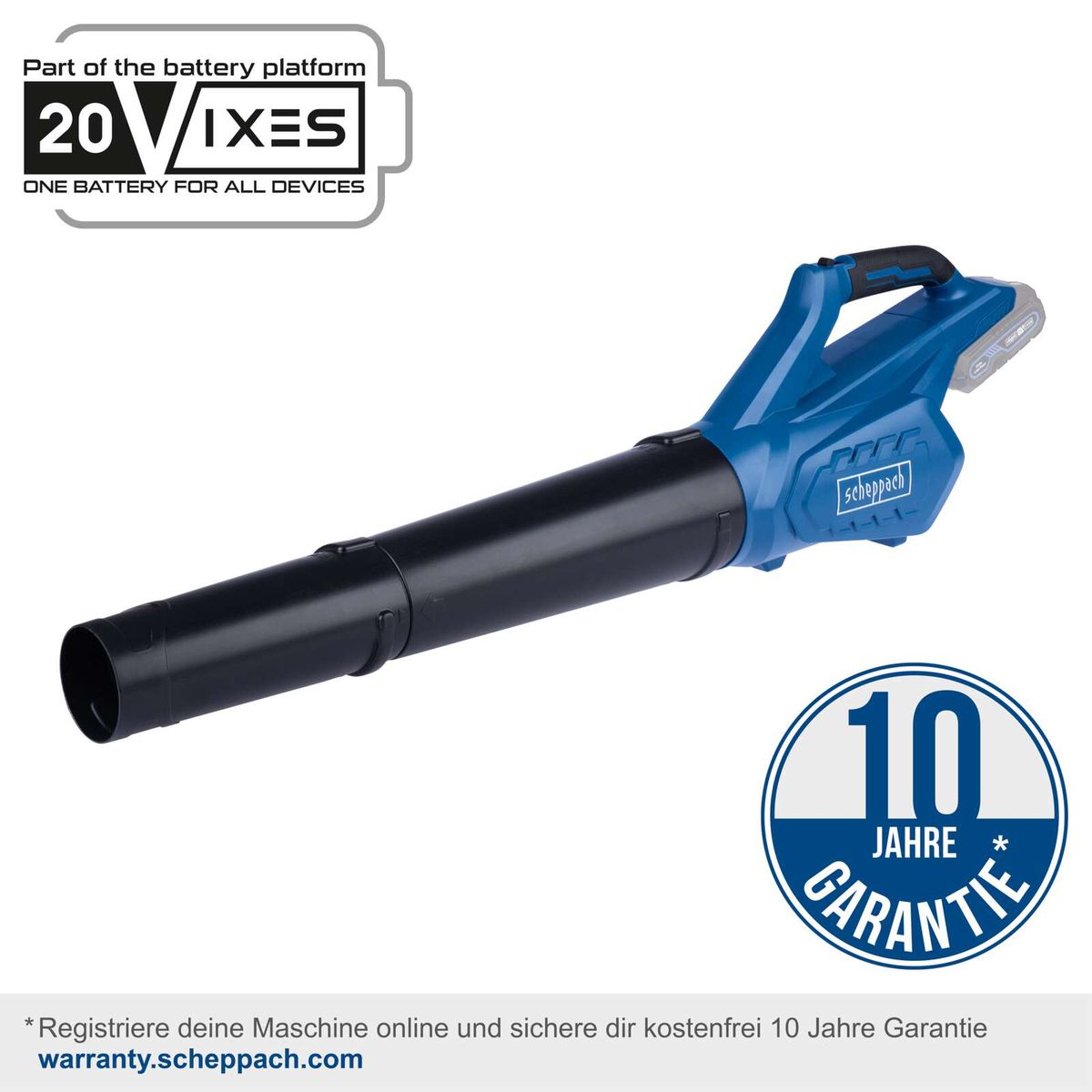 Der Akku-Laubbläser C-BL700-X von Scheppach ist Teil der 20VIXES Batterieplattform. Eine Batterie für alle Geräte. 10 Jahre Garantie bei Online-Registrierung auf warranty.scheppach.com.
