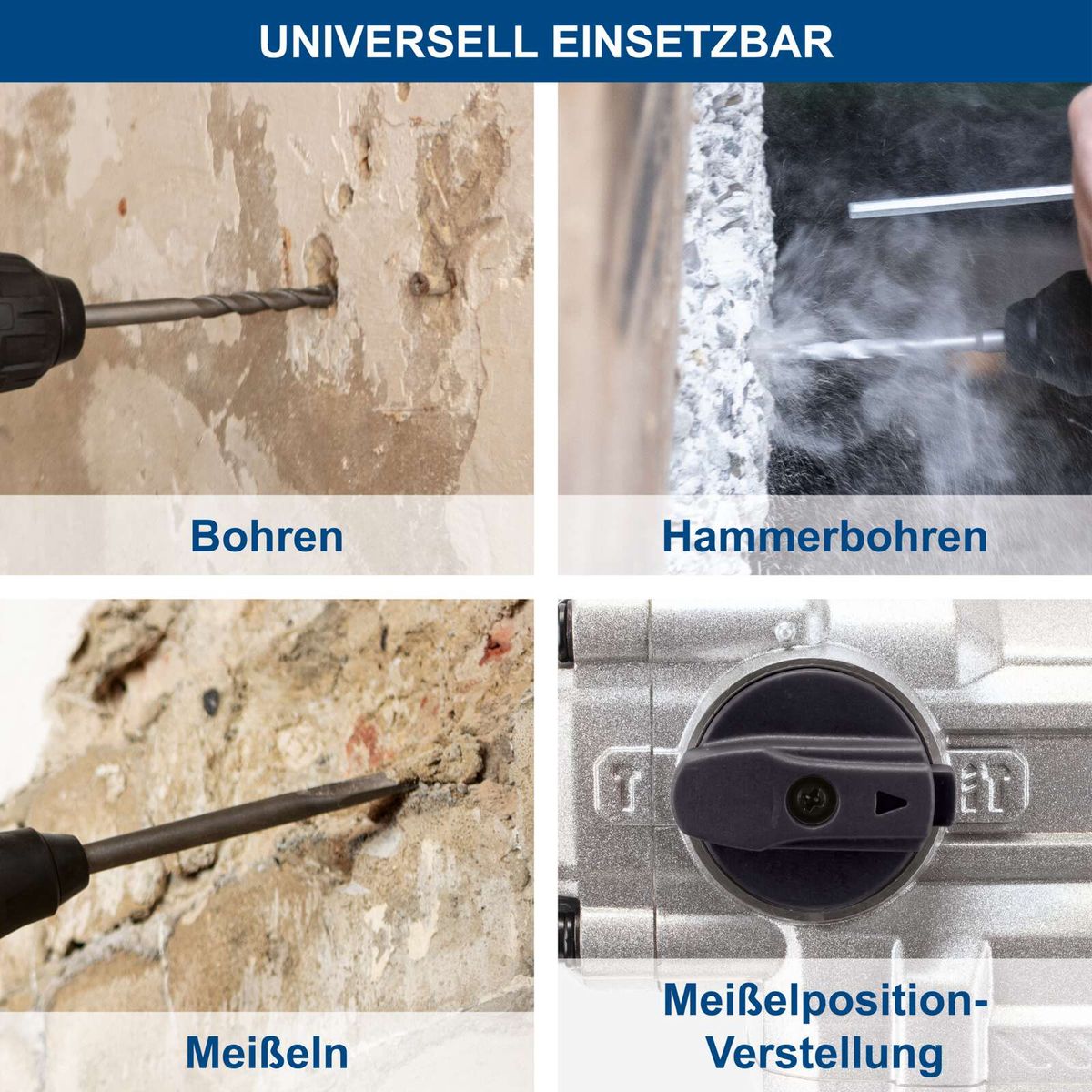 Werkzeuge für Bohren, Hammerschlagen und Meißeln mit universeller Verstellposition für Scheppach-Bohrhämmern