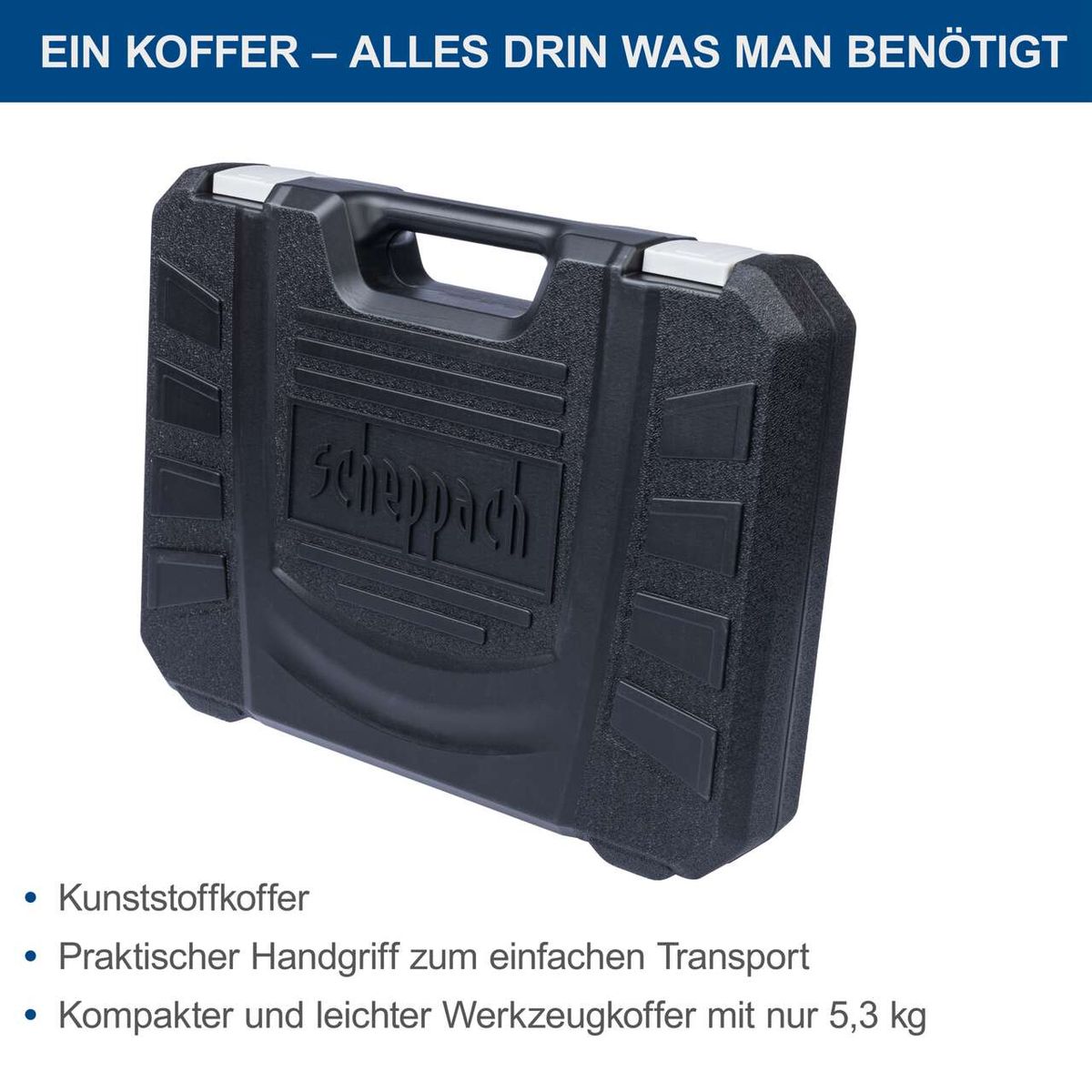 Der Scheppach Werkzeugkoffer WZK120 ist ein Kunststoffkoffer mit praktischem Handgriff für einfachen Transport und wiegt nur 5,3 kg. Er ist kompakt und leicht.