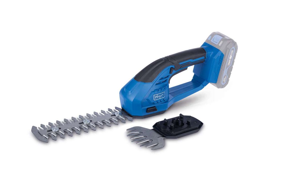 Akku-Gras & Strauchschere C-HTGS200-X Scheppach, Schnittbreite 90mm, Schnittlänge 200mm, 2in1. Gezeigt von der Seite mit abnehmbaren Messern.
