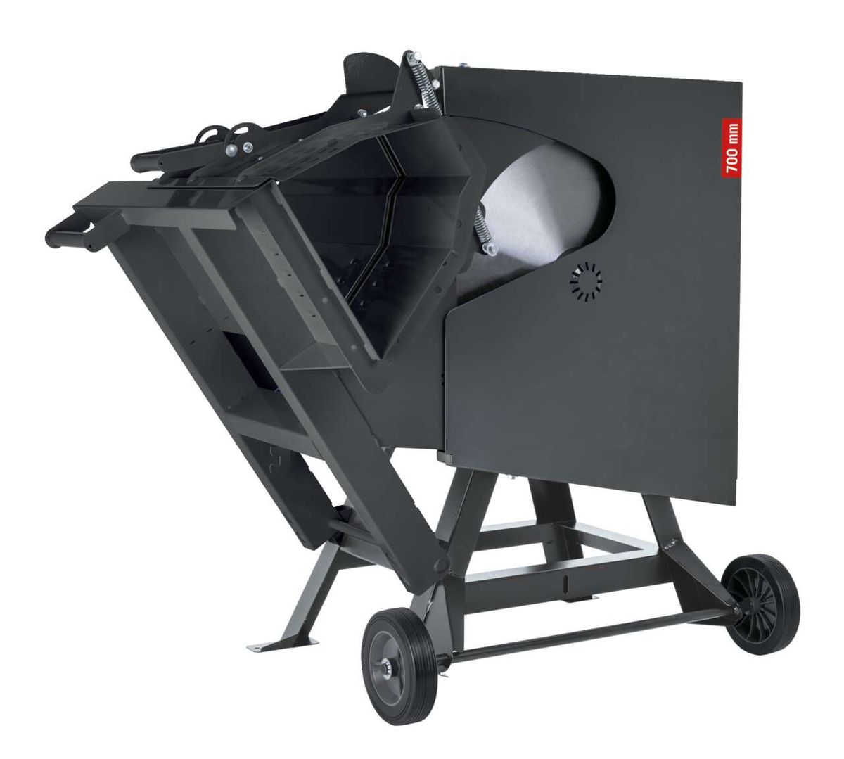 Wippkreissäge mit 700-mm-Sägeblatt, mobiler Stand mit Lenkradverstellung