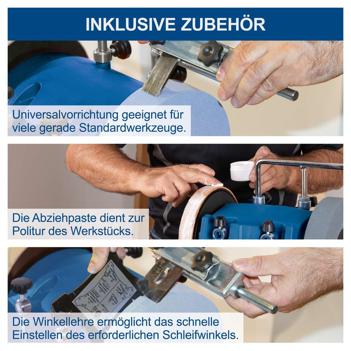 Werkzeugset mit universeller Anpassung für verschiedene gerade Werkzeuge inkl. Schleifpasta und Winkellehre für präzises Schleifen