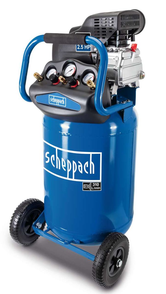 Scheppach Kompressor HC80V, 80L Kessel, 10bar, Ansaugleistung 310 l/min, 2 Kupplungen, seitliche Ansicht.
