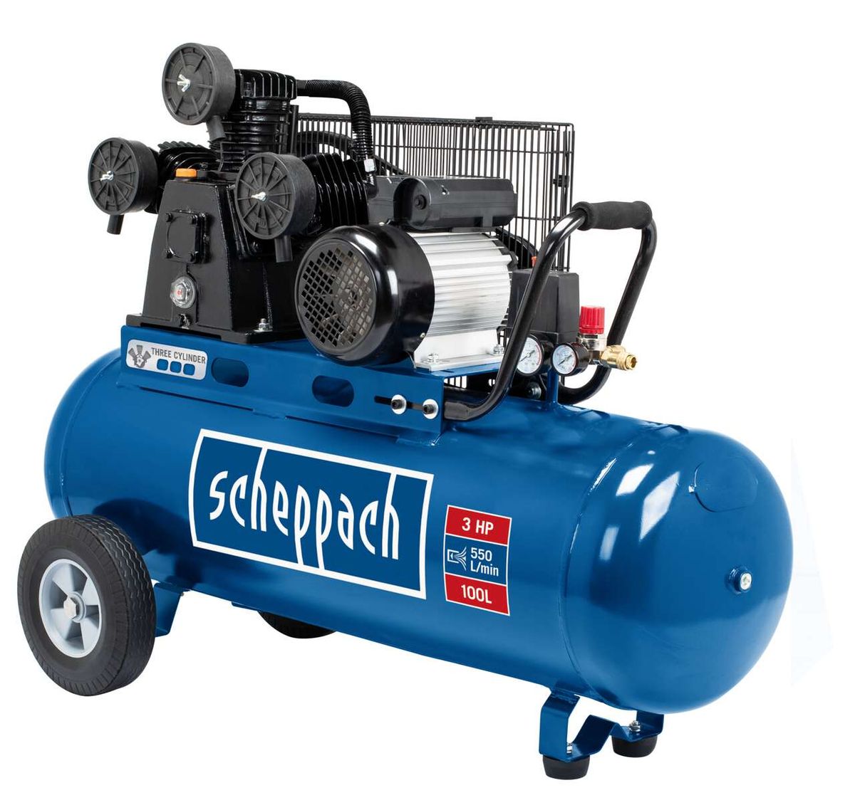 Scheppach Kompressor HC550TC, 3 PS, 550 l/min, 100 Liter, seitliche Ansicht.