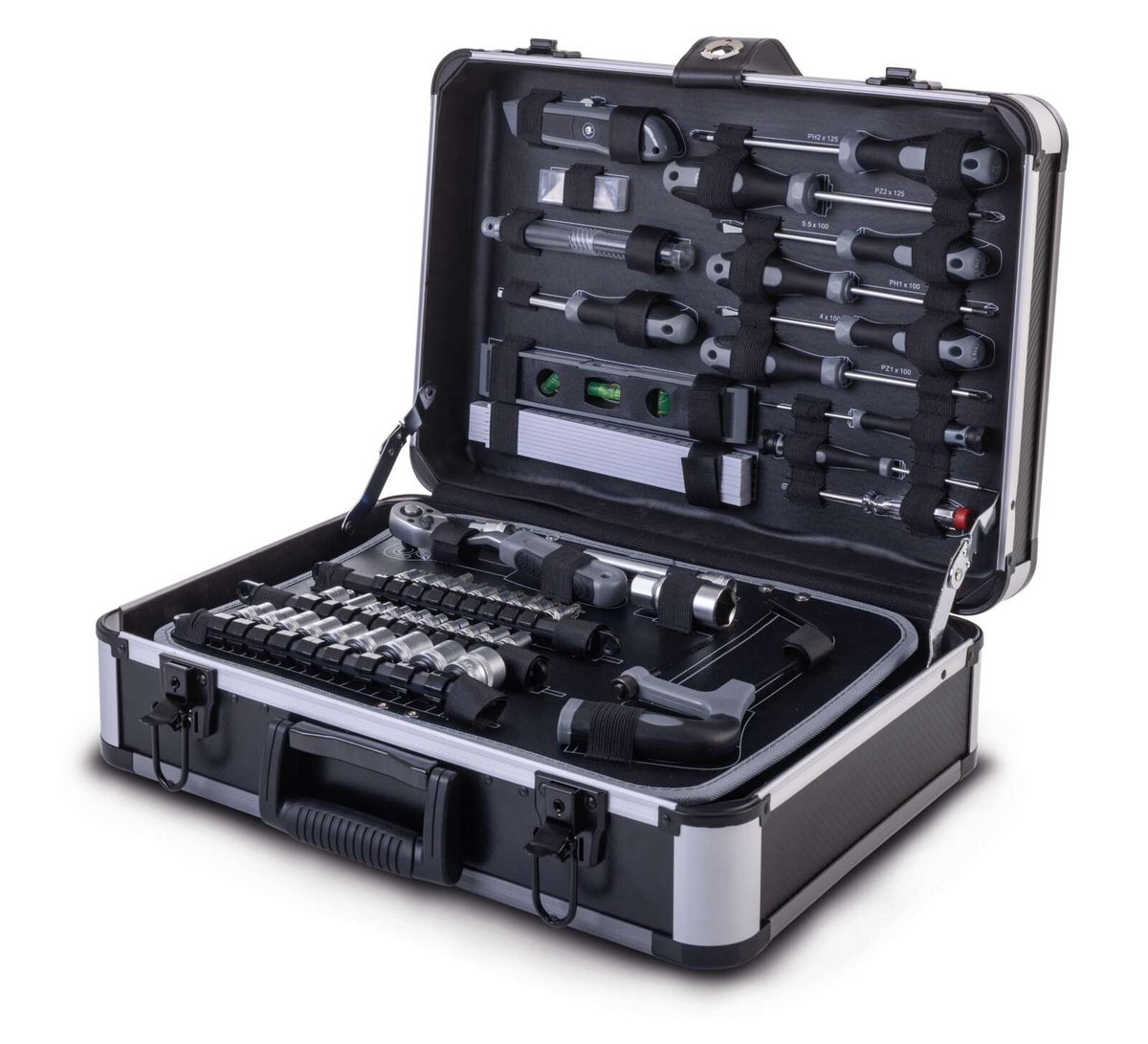 Werkzeugkoffer mit diversen Schraubenziehern, Zangen und anderen Werkzeugen für mechanische Arbeiten