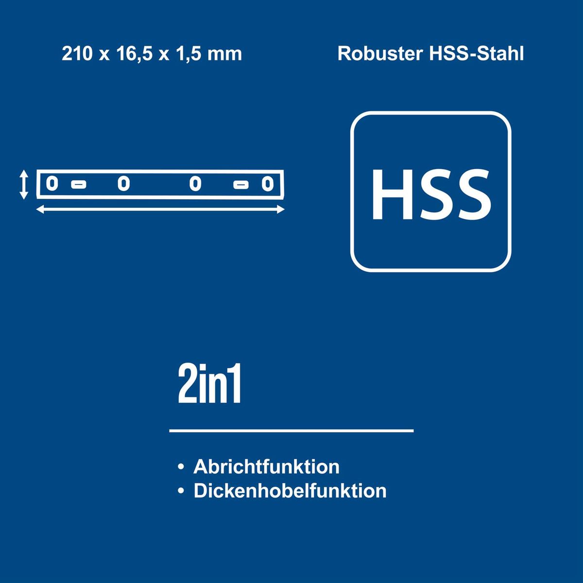 HSS-Drehstahl-Dübel mit 2-in-1-Funktion für Abricht- und Dickenhöbelaufgabe, robustes Design mit Maßen 210 x 16,5 x 1,5 mm