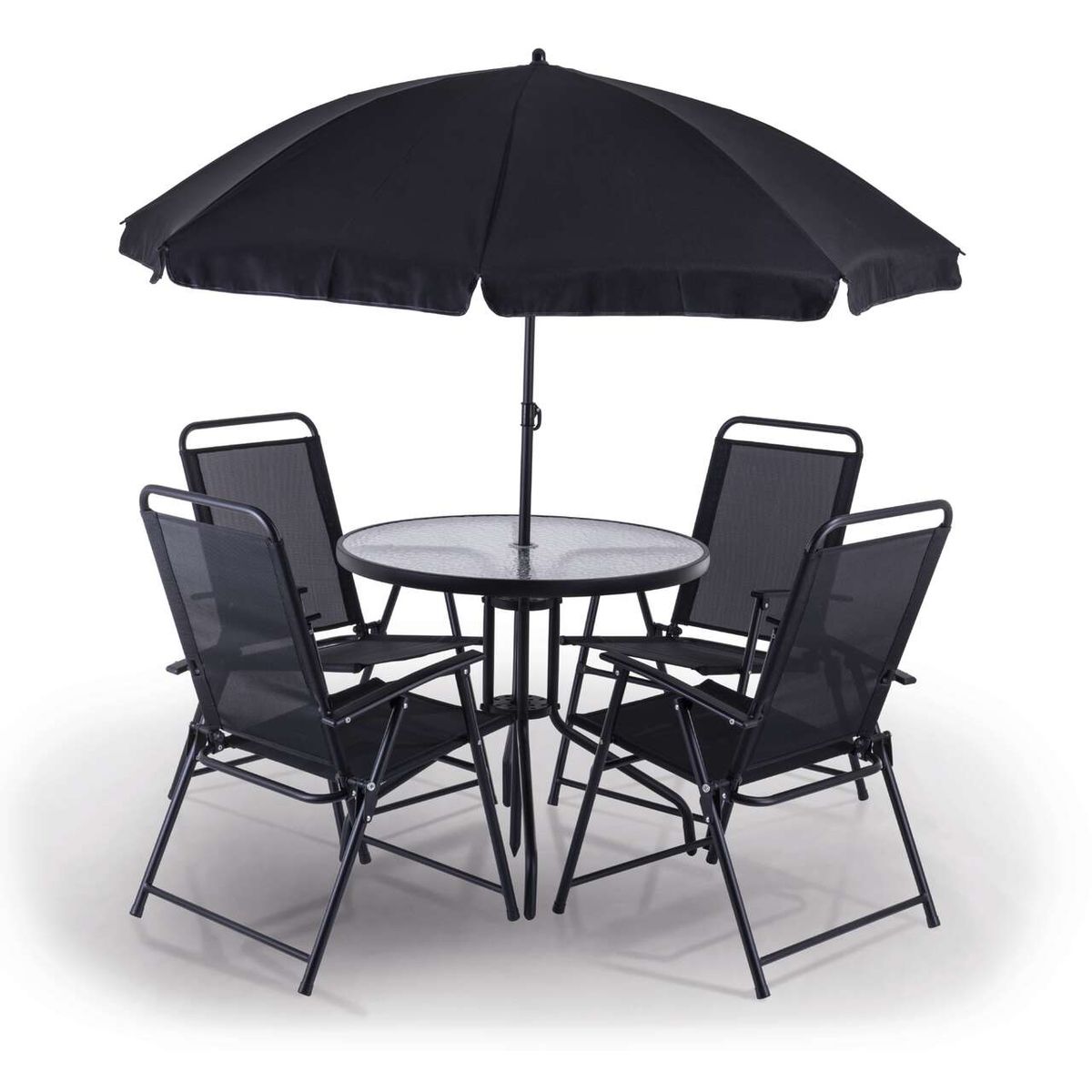 Balkonset 6-tlg. PX-BS-1 Practixx mit 4 Klappstühlen, Sonnenschirm und Glastisch. Klappbare Stühle mit Mesh-Sitzflächen und -rückenlehnen. Sonnenschirm mit schwarzem Dach. Tisch mit runder Glasplatte. Alle Teile in Schwarz-Anthrazit.