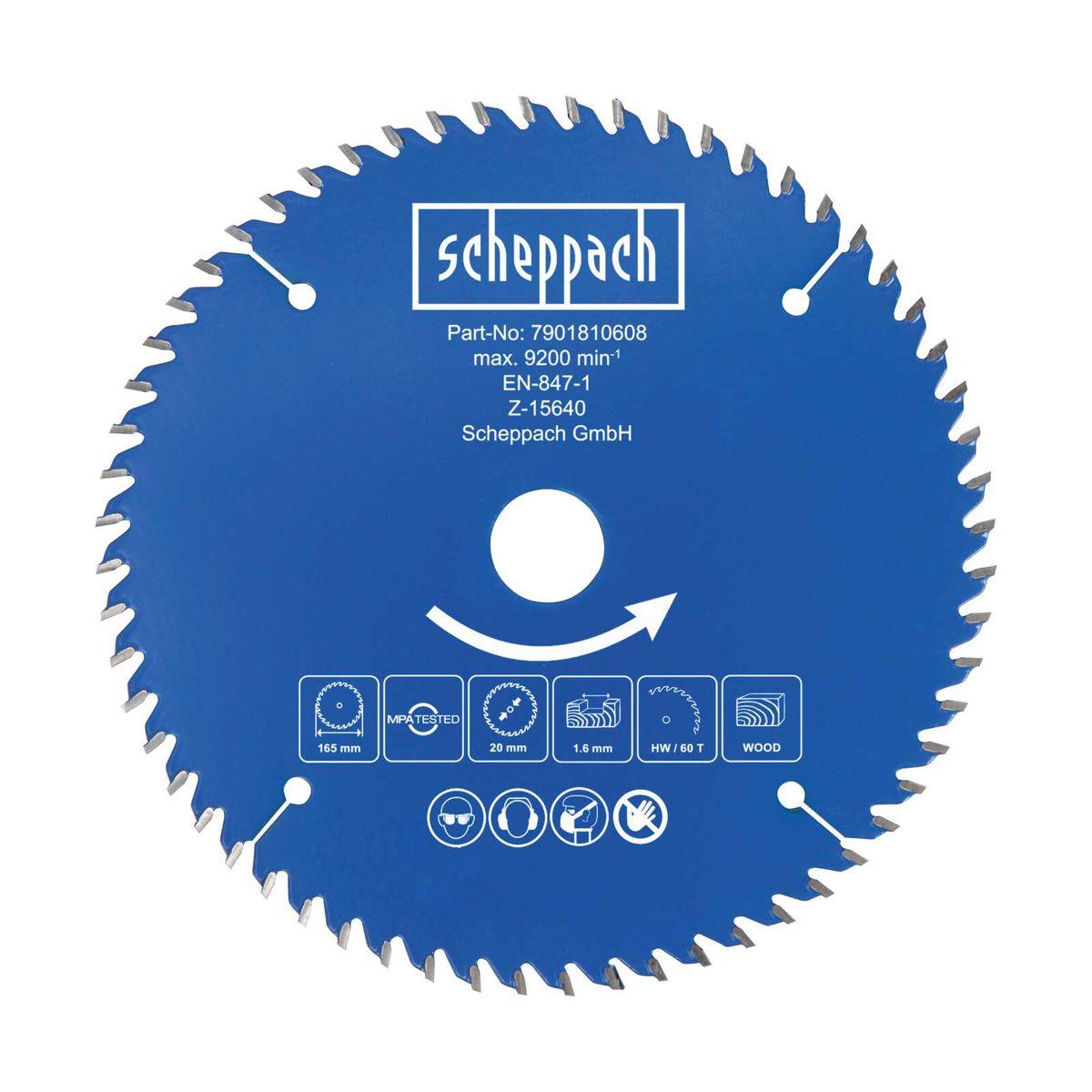 Scheppach-Stechblatt mit Teilnummer 7901810608, max. 9200 U/min, EN-847-1, Z-15640