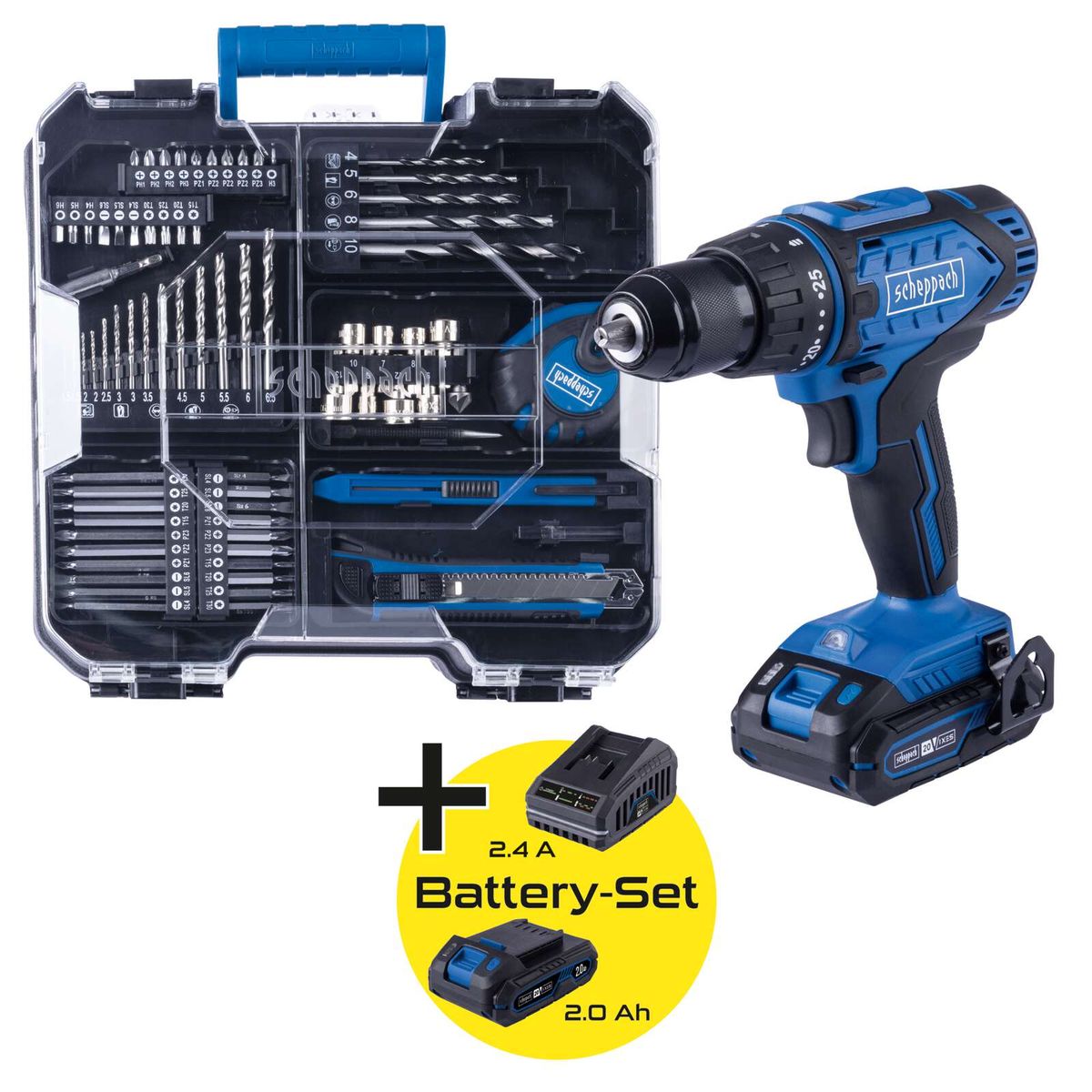 Scheppach-Set mit Akku-Drill, Werkzeugbox und Batterie-Set (2.4 Ah und 2.0 Ah)