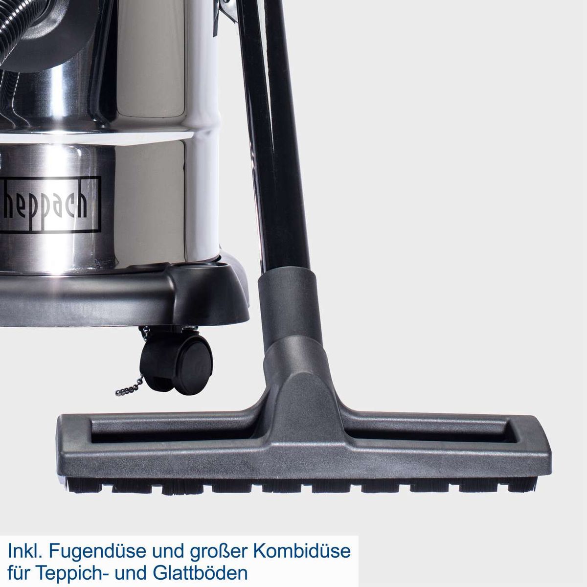 Der Scheppach Nass-Trockensauger NTS20 inkludiert eine Fugendüse und eine große Kombidüse für Teppich- und Glattböden.