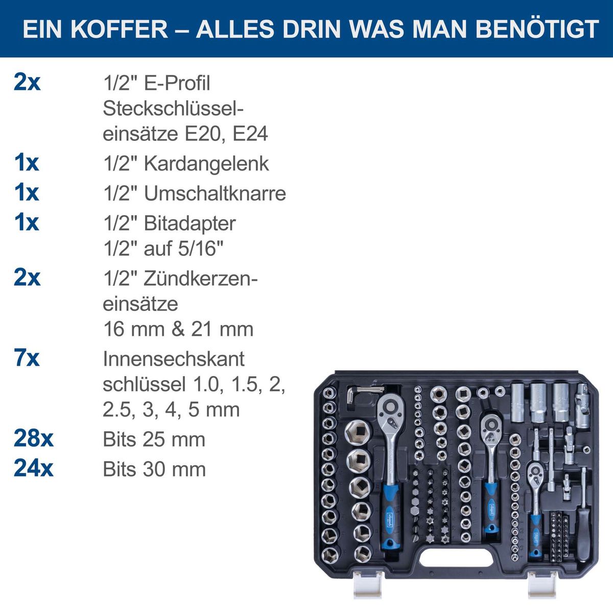 Werkzeugkoffer TB180 mit detaillierter Liste aller enthaltenen Steckschlüssel-, Bit- und Spezialsets (1/2 Zoll, Innensechskant, Zündkerven) sowie Kombi- und Ratchetschlüssel.