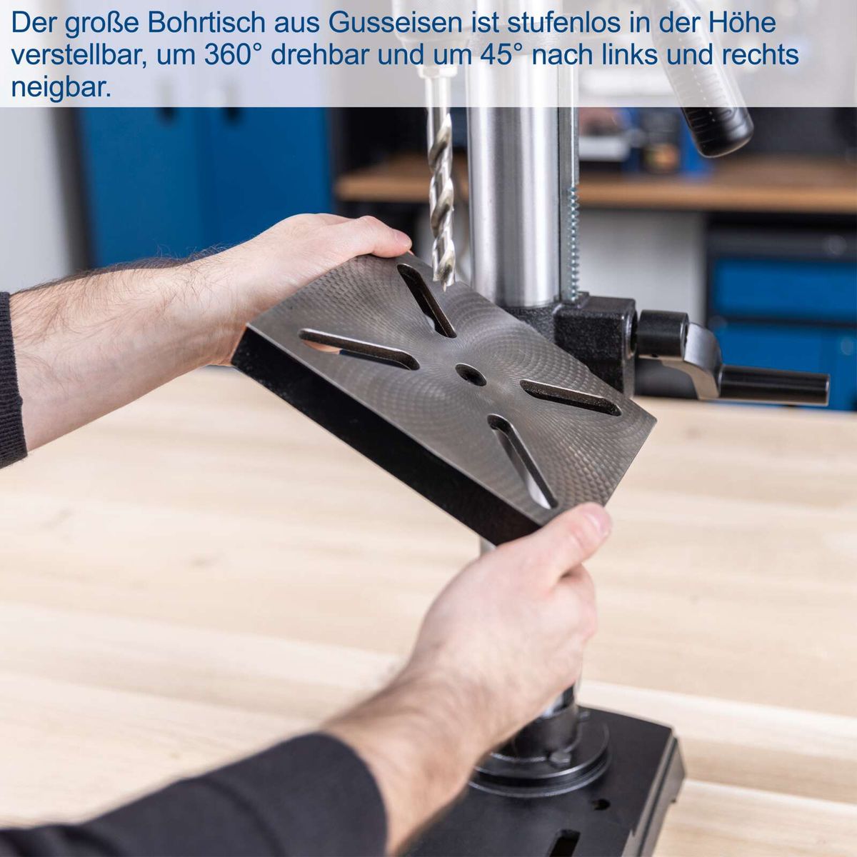 Tischbohrmaschine mit stufenloser Höhenverstellung, 360°-Drehung und Neigungsmöglichkeit um ±45°