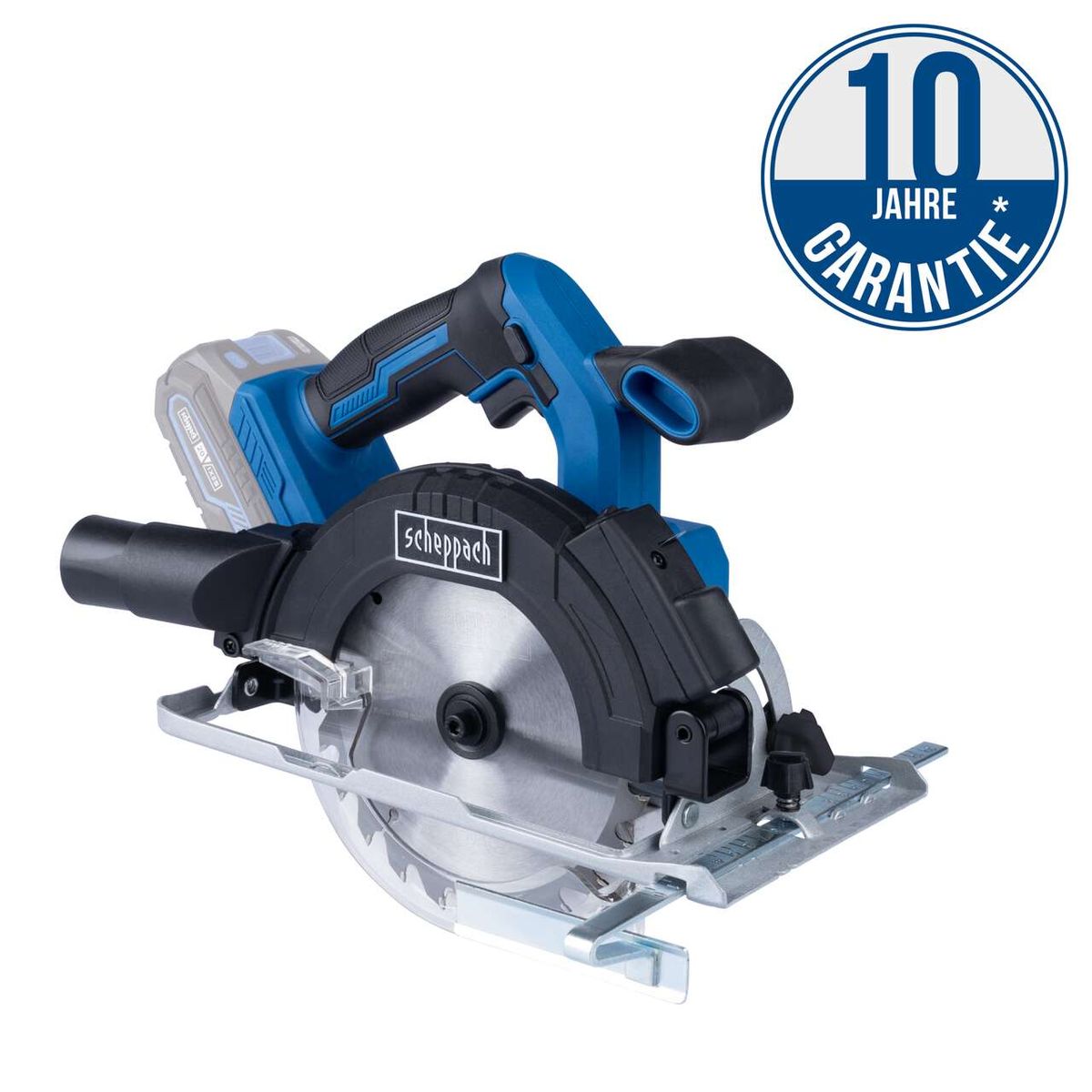 The cordless hand-held circular saw C-HCS165-X by Scheppach comes with a 10-year warranty. It features a saw blade with a diameter of 165 mm and a maximum cutting depth of 53 mm at 45°. Equipped with LED lighting for precise work.