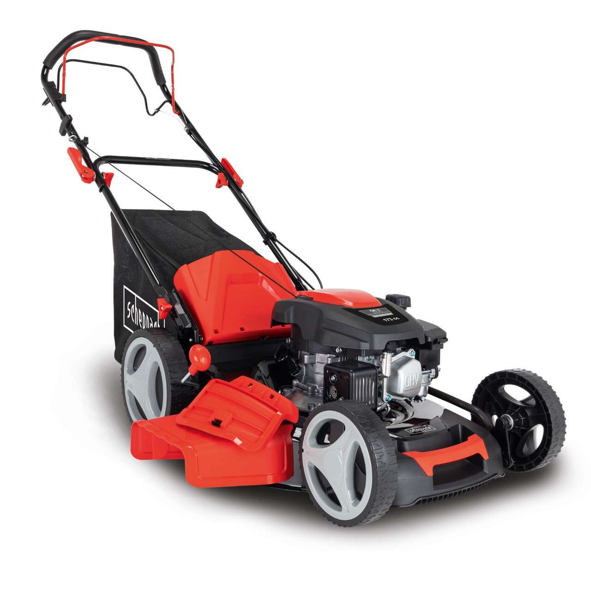 The Scheppach petrol lawnmower MS173-51 with 51 cm cutting width, self-propelled, mulching function and 65L bag. The view shows the machine from the side.