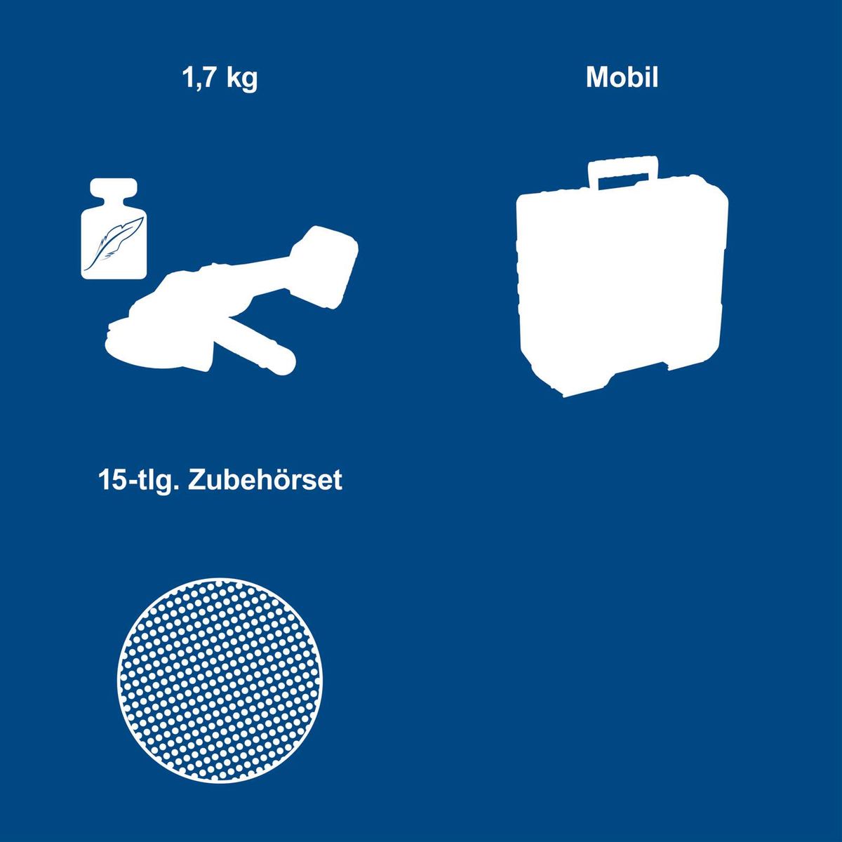 Werkzeugset mit Akku-Winkelschleifer, mobiler Basis, 15er-Zubehörset und Akku inkl. Ladegerät