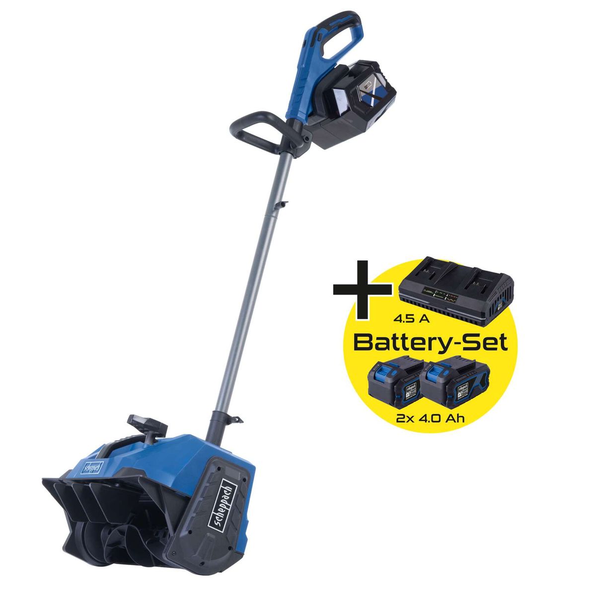 Scheppach Akku-Schneefräse mit integriertem Batterie-Set (2x 4,0 Ah) und Ladegerät (4,5 A)